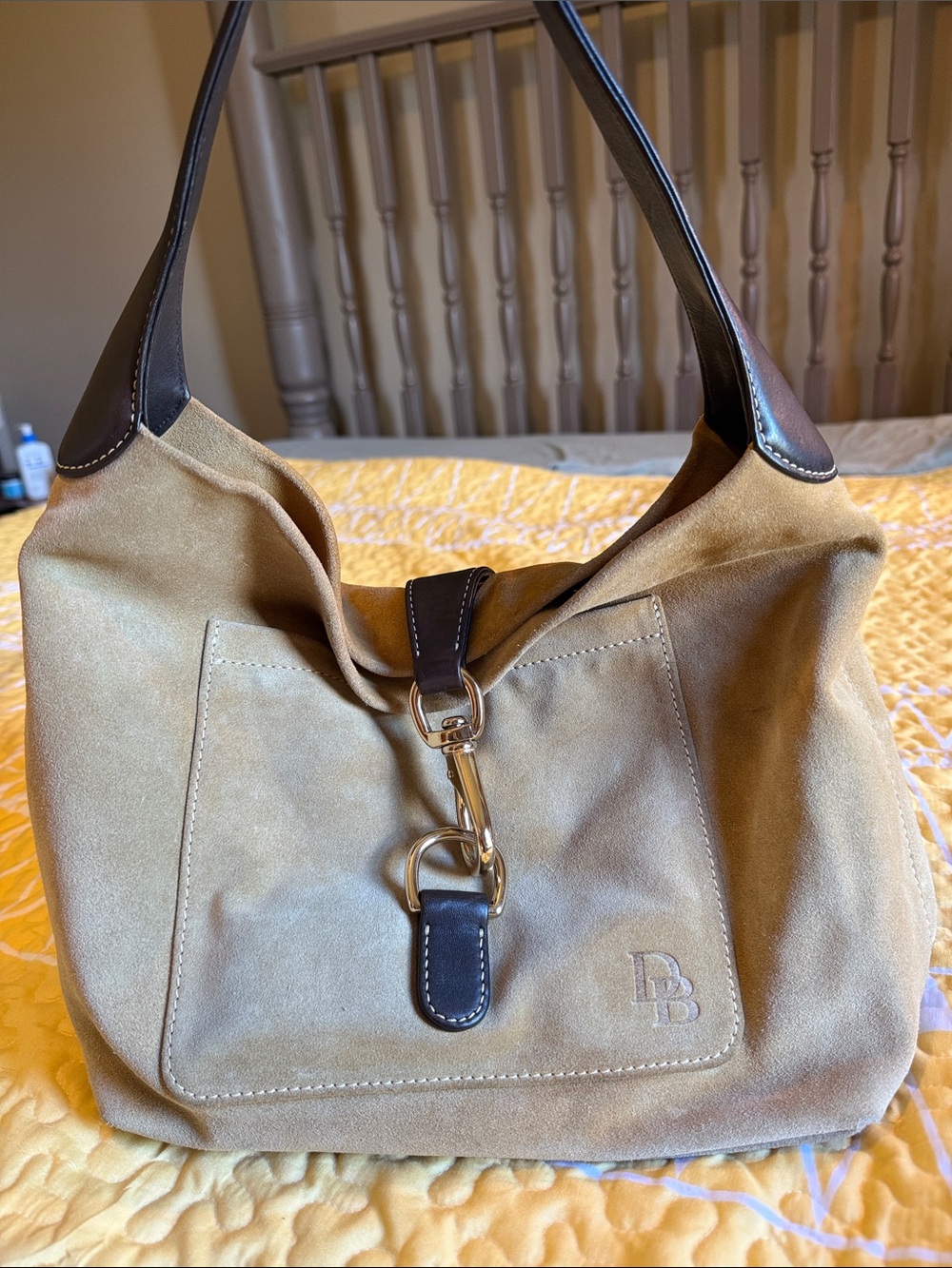 Dooney and Burke Suede Shoulder Bag with Dark Brown Trim - Tan